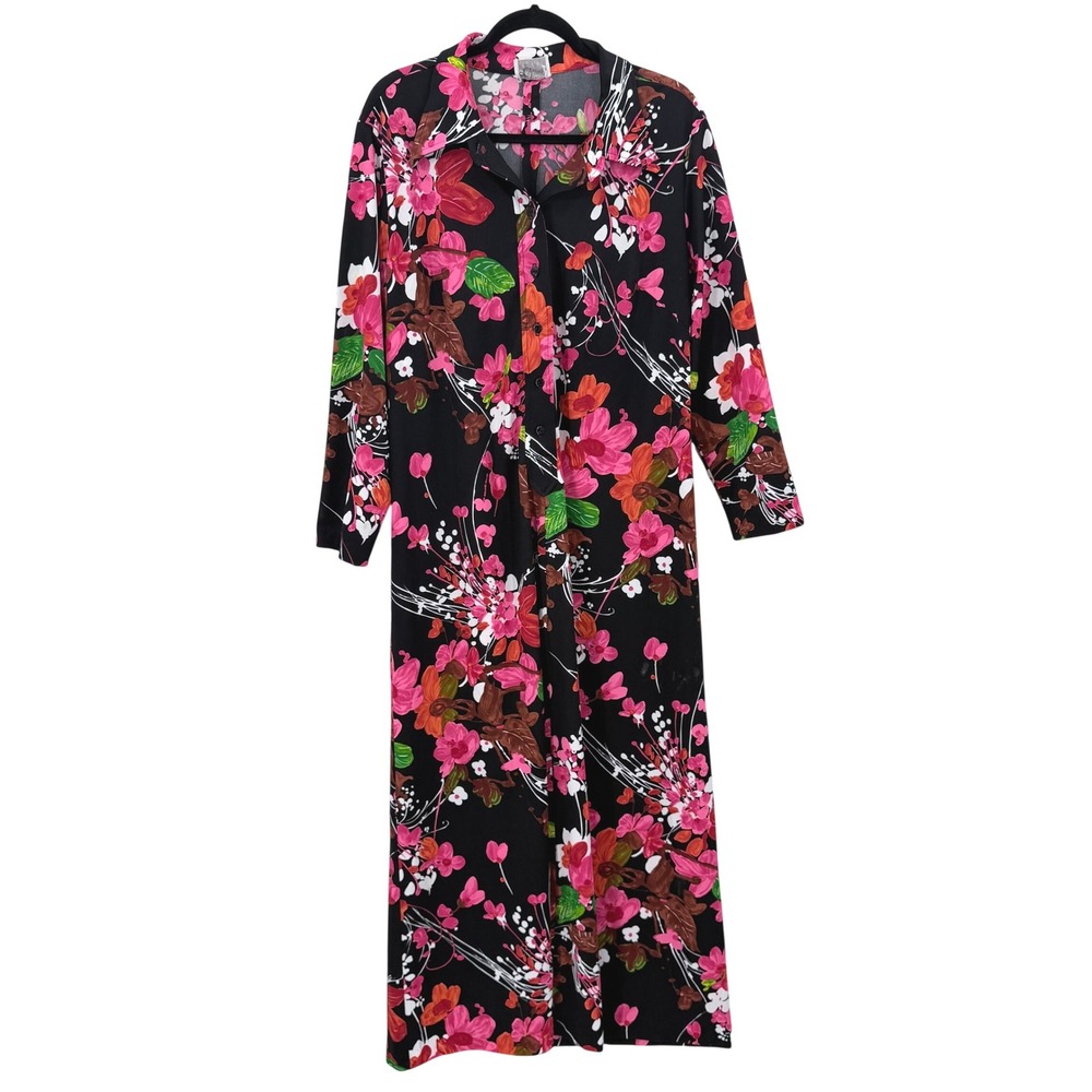 Vintage Brief Notes Floral Maxi Dress Black Pink Orange Long Sleeve 70s Retro